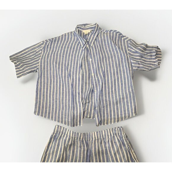 H & M Blue And White Striped Linen Short And Button Down Shirt Set Size Medium - Picture 3 of 7